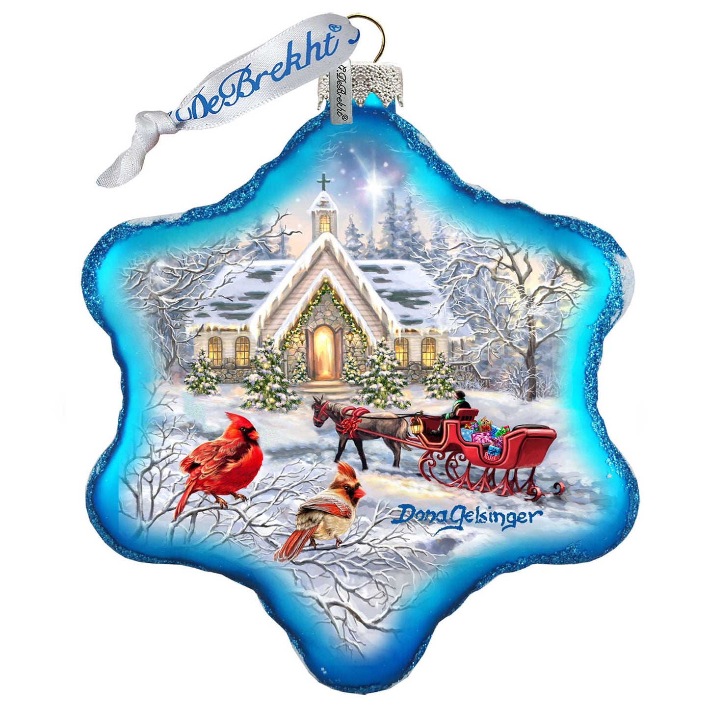 Sleigh Ride Snowflake Glass Ornament by D. Gelsinger - Christmas Santa Snowman Decor - 754-104-DG
