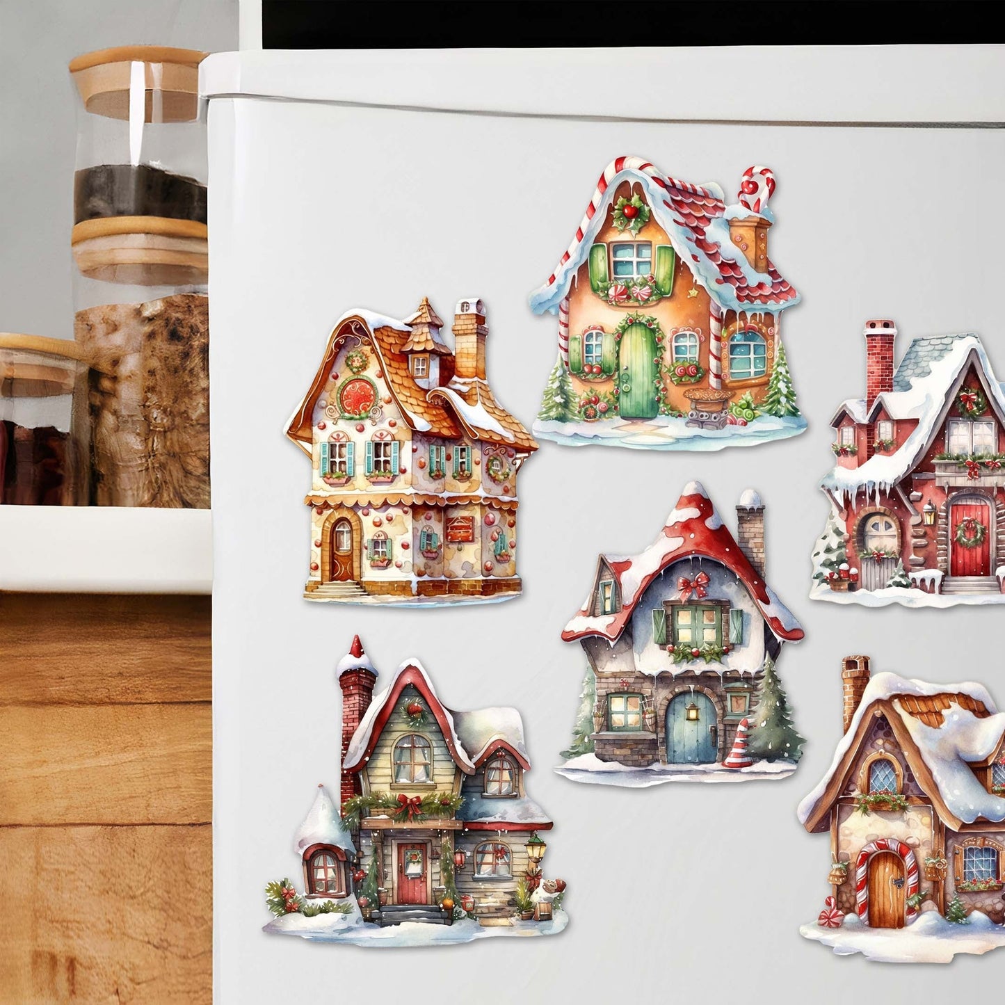 Christmas Houses Decorative Wooden Magnets Set of 6 by G. Debrekht - Christmas Decor - 8090024G-S6