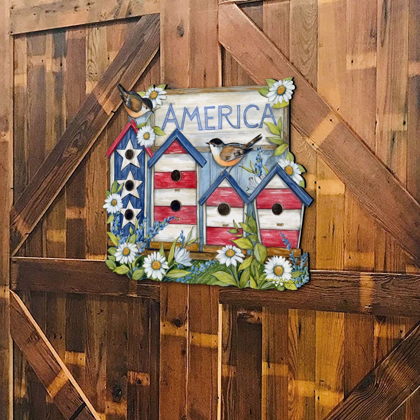 Front Door Patriotic Decoration American Red and White Birdhouse Welcome Sign - Handmade Gift Rustic Adornment by Susan Winget for Wooden Front Porch Decor - 8471213H-SW