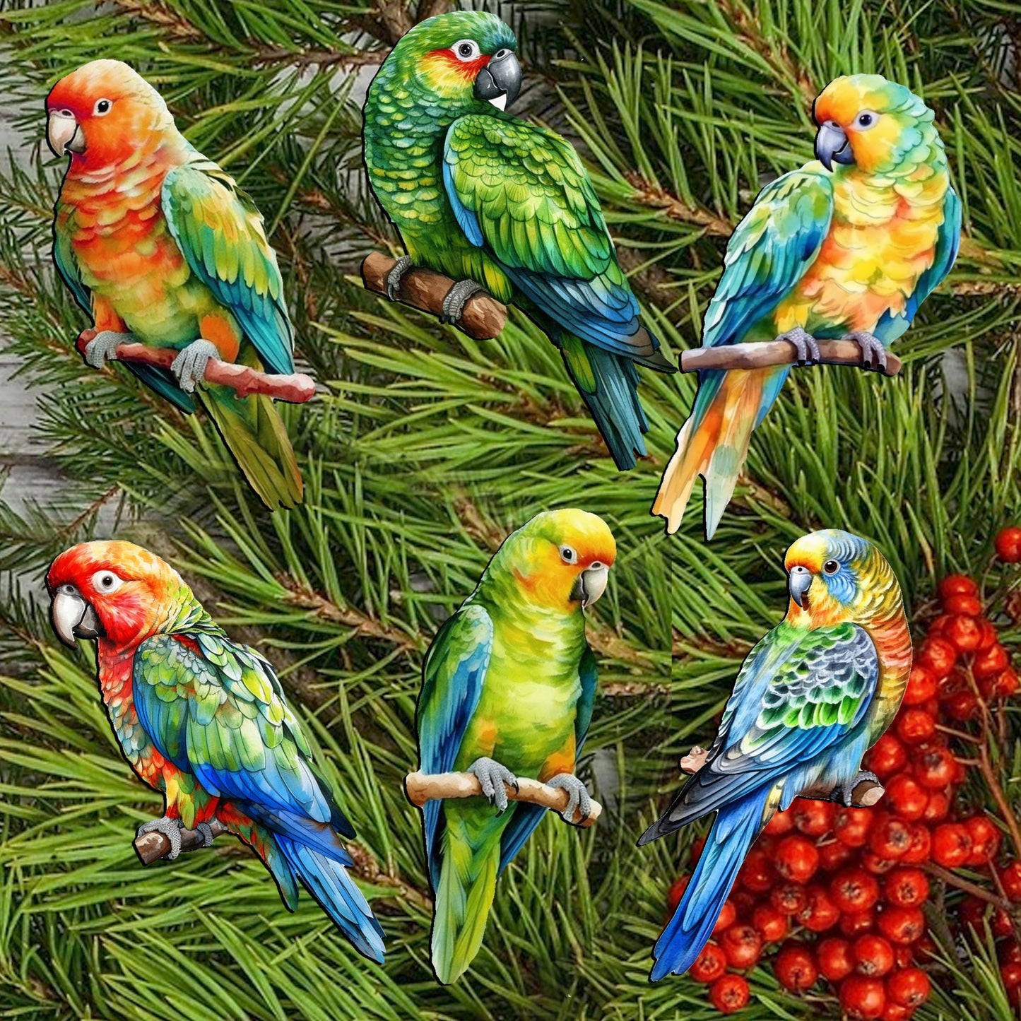 Parrots Decorative Wooden Clip-on Ornaments of 6 by G. Debrekht - Christmas Decor - 8090013C-S6