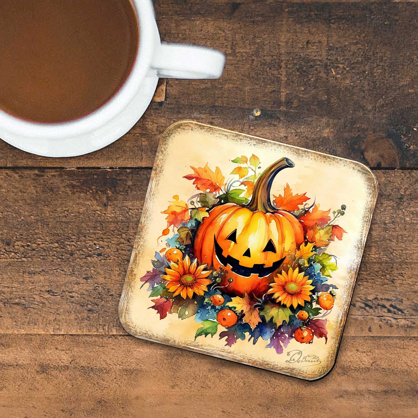 Halloween Pumpkin Wooden Cork Coasters Gift Set of 4 by G. Debrekht - Thanksgiving Decor  - 8199448C-S4