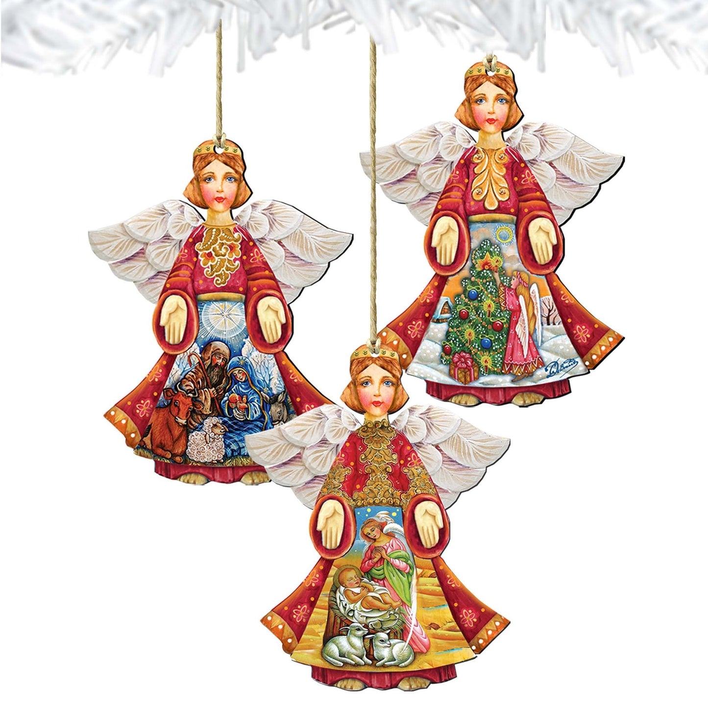 Guardian Angel Wood Wooden Ornaments Set of 3 by G. DeBrekht - Nativity Holiday Decor - 8100029S3