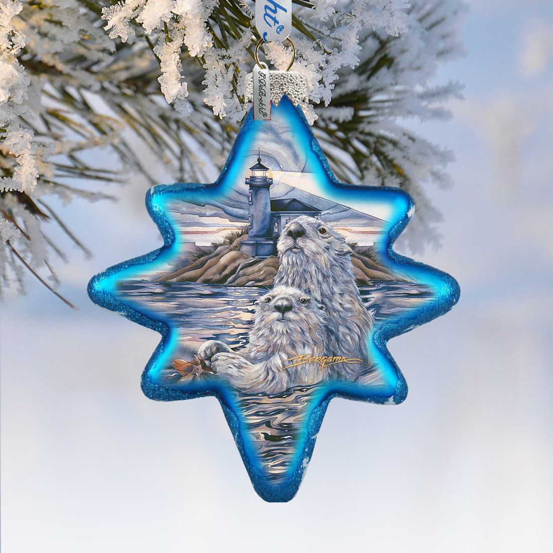 Starlight Otter Lighthouse Glass Ornament by J. Bergsma - Wildlife Holiday Decor - 755-572-JB