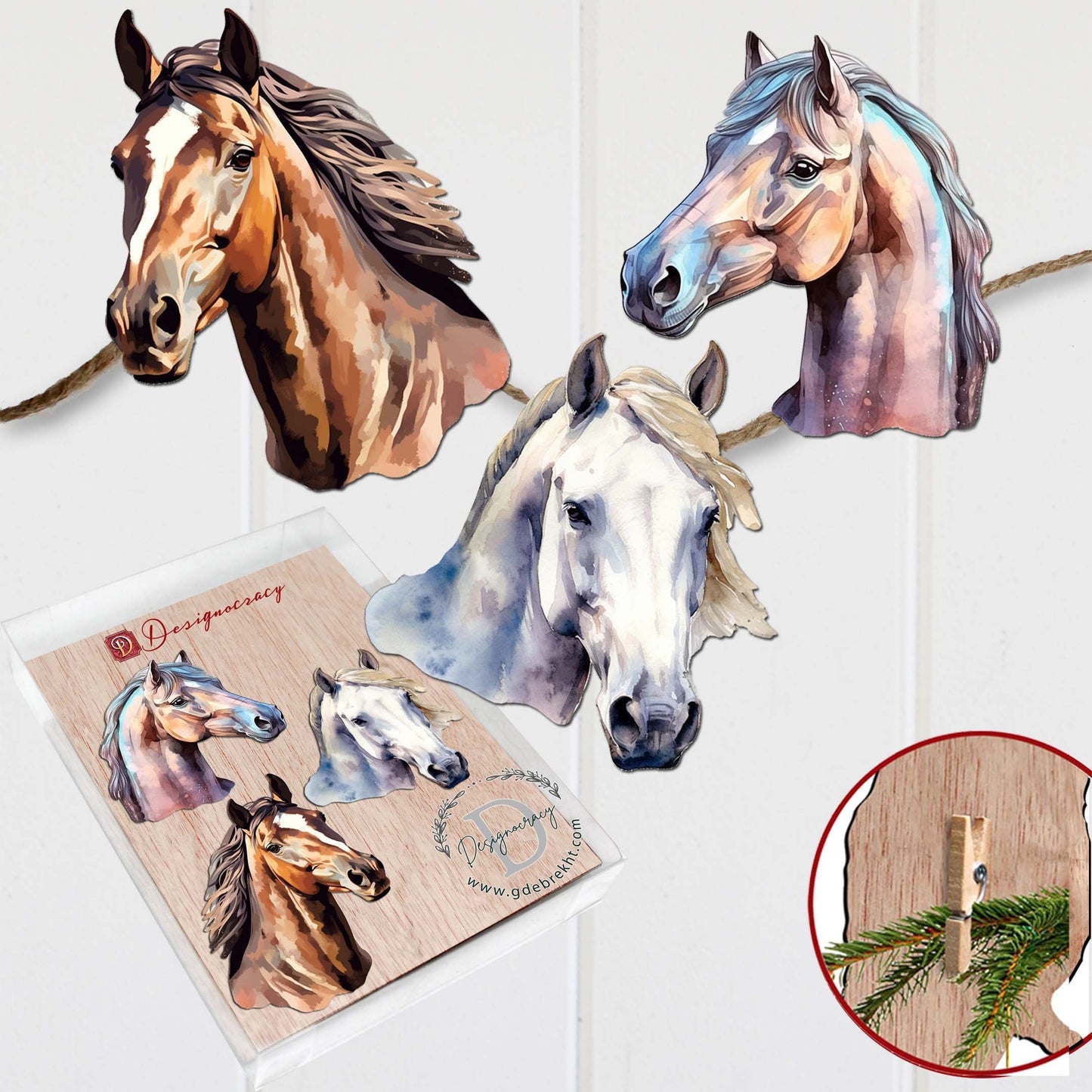 Horses Decorative Wooden Clip-on Ornaments Set of 3 by G. Debrekht - Christmas Decor - 8091039C-S3