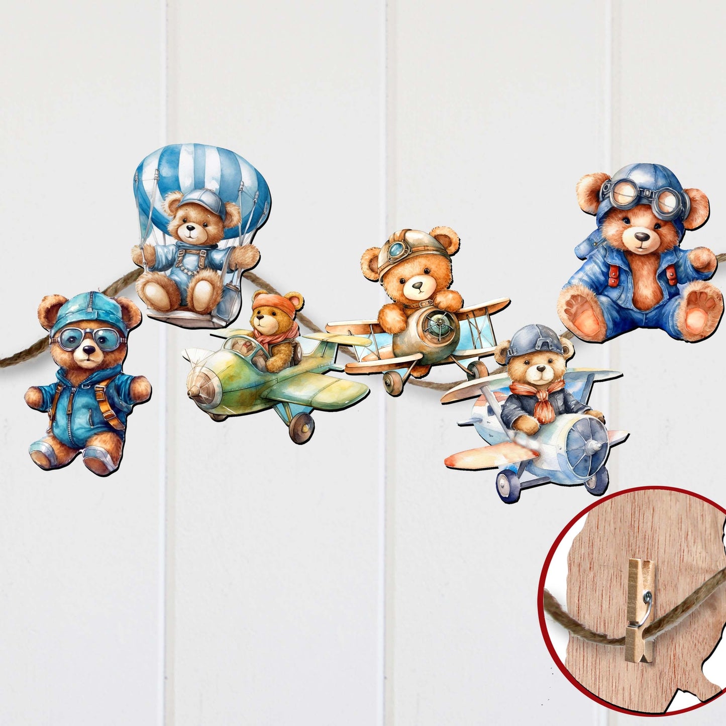 Aviator Teddy Bear Decorative Wooden Clip-on Ornaments of 6 by G. Debrekht - Christmas Decor - 8090010C-S6