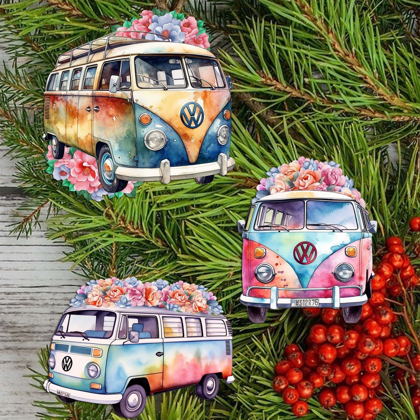 Surf Vans Decorative Wooden Clip-on Ornaments Set of 3 by G. Debrekht - Christmas Decor - 8091040C-S3