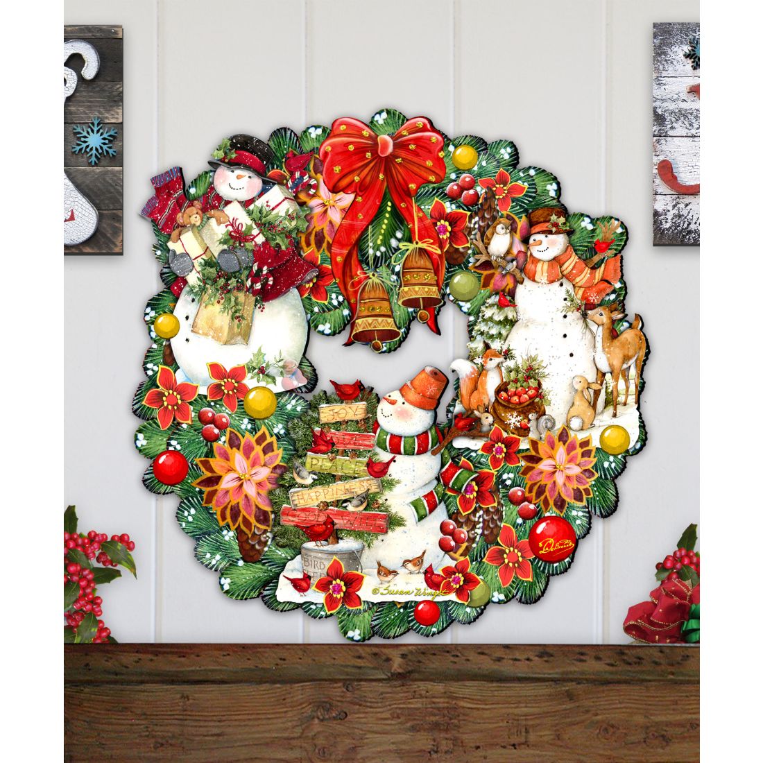 Snowy Christmas Holiday Door Wreath by G. Debrekht featuring Christmas Santa and Snowman Decor by Susan Winget - Item 8185307-4H-SW