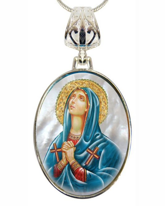 Virgin Mary Praying Silver Plated Mother of Pearl Necklace - 43014