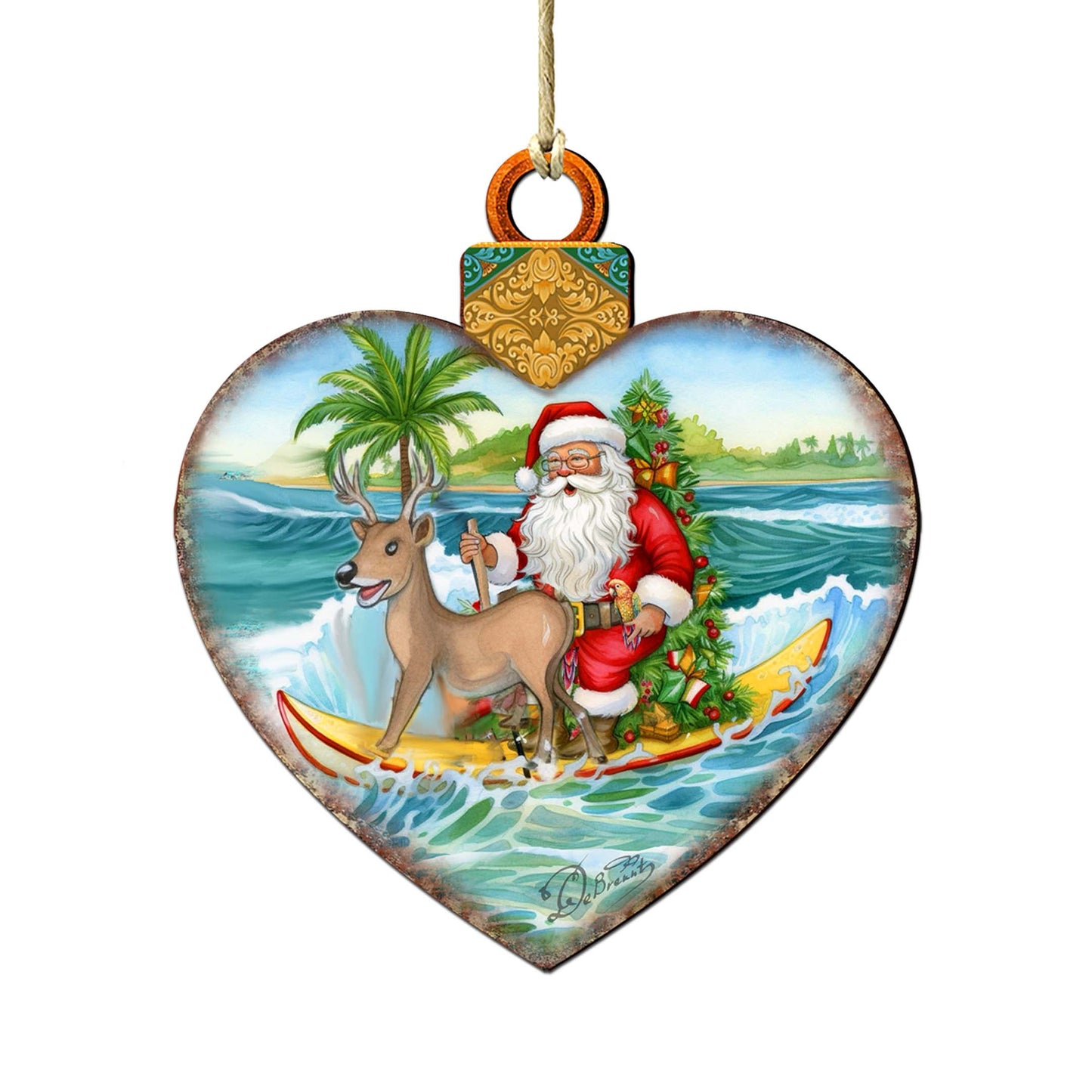 Wooden Christmas Ornaments - Surfing Santa Heart Wooden Ornaments by G.Debrekht - Coastal Holiday Decor - 8688174