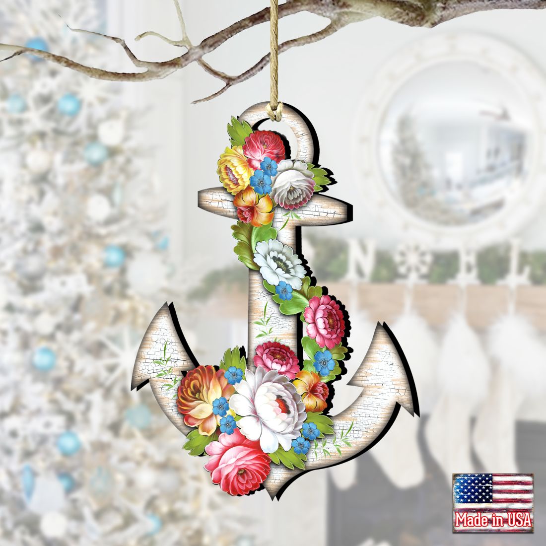 Floral Anchor Wooden Ornaments by G. DeBrekht - Coastal Holiday Decor - 8198521-4