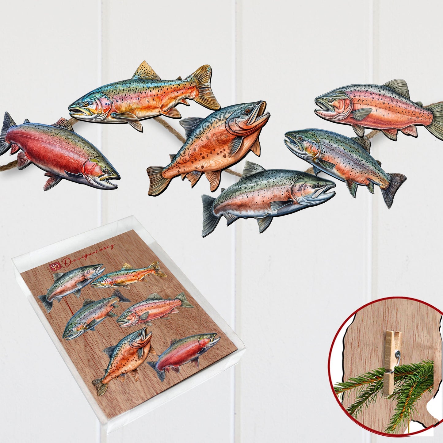 Wild Salmon Tales Decorative Wooden Clip-on Ornaments Set of 6 by G. Debrekht - Wildlife Decor - 8090109C-S6