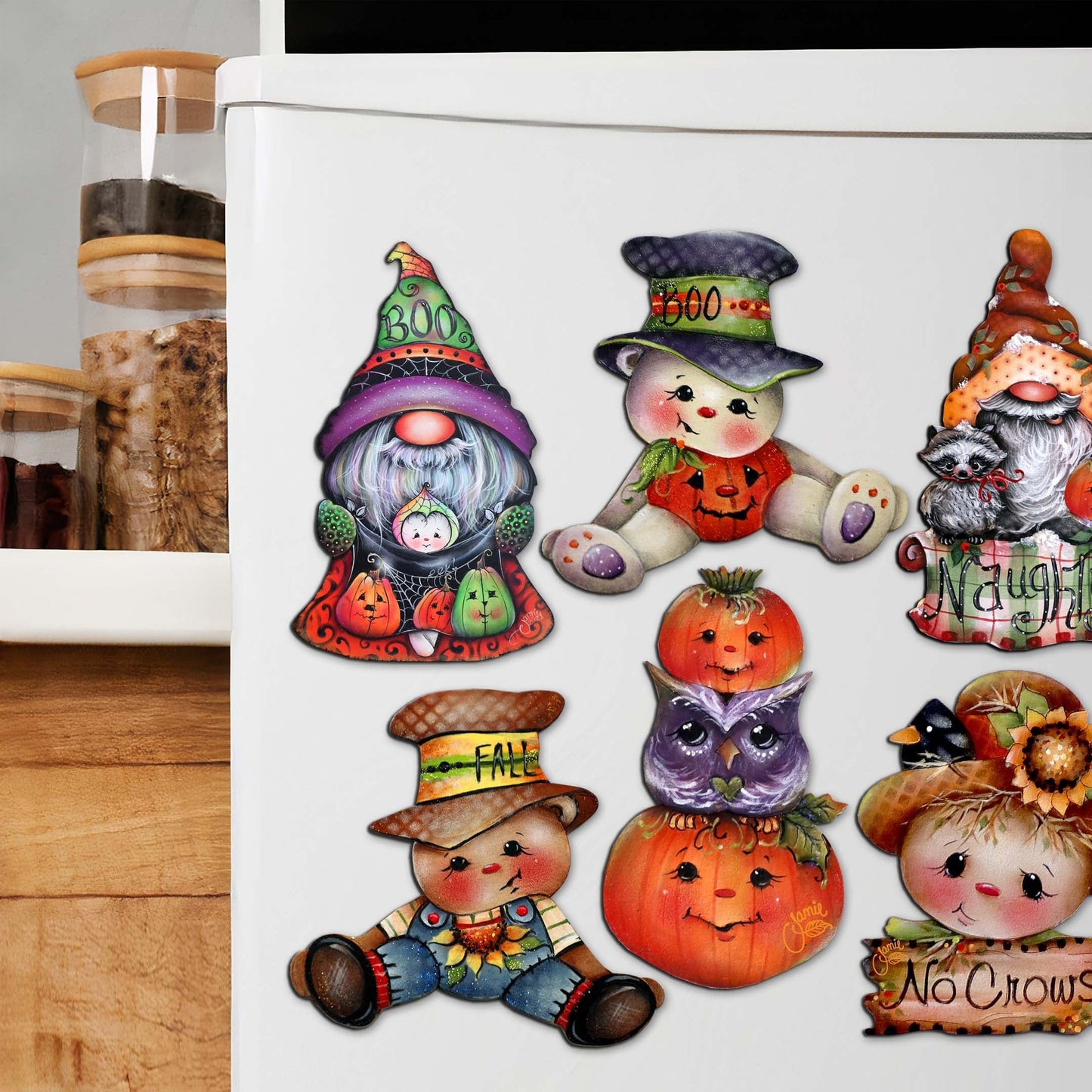 Hello Fall - Pumpkin, Scarecrow, Gnome Decorative Wooden Magnets Set of 6 by Jamie Mills-Price - Thanksgiving Decor - 8090047G-S6