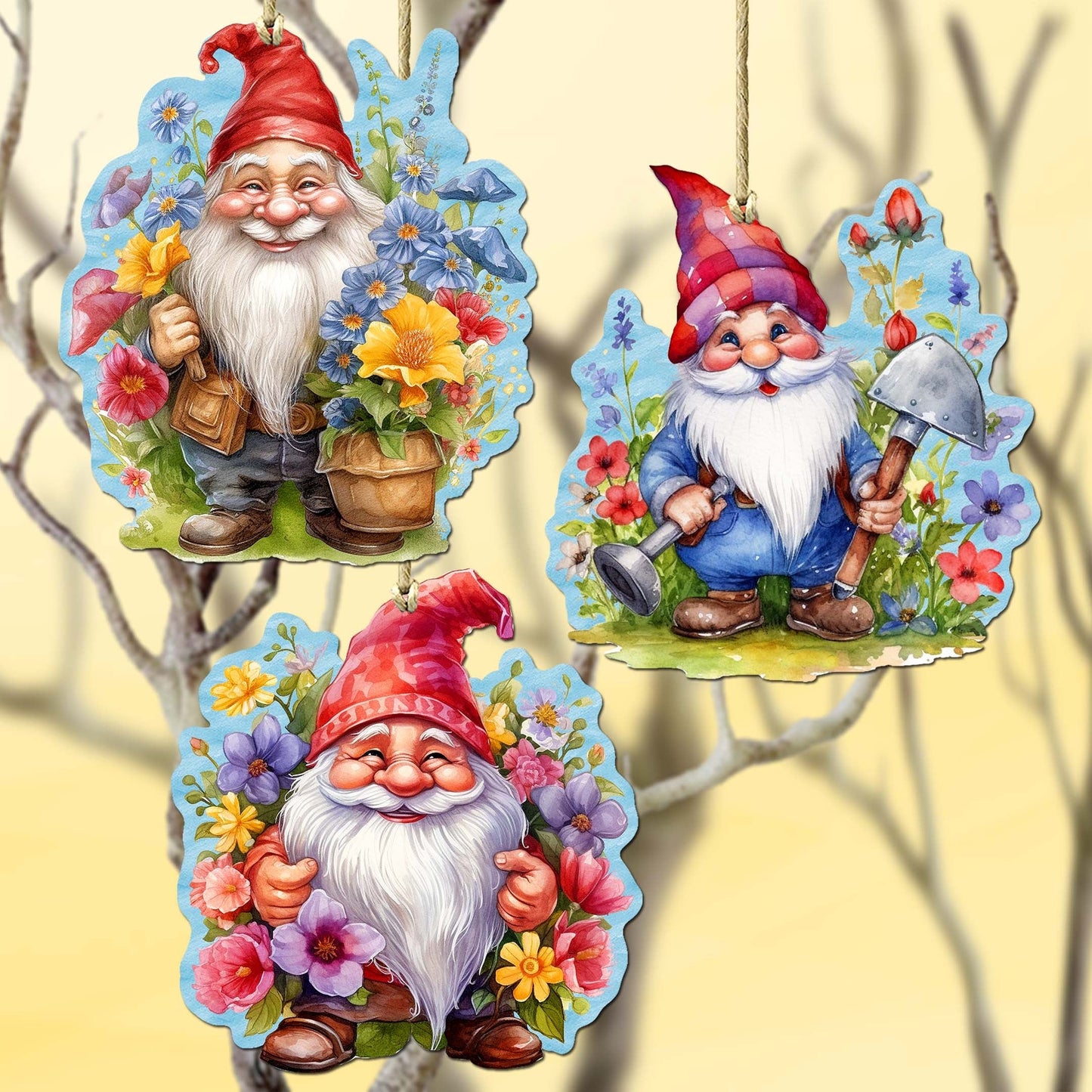 Garden Gnomes Decorative Wooden Ornaments Set of 3 by G. Debrekht - Spring Easter Decor - 8091030-S3