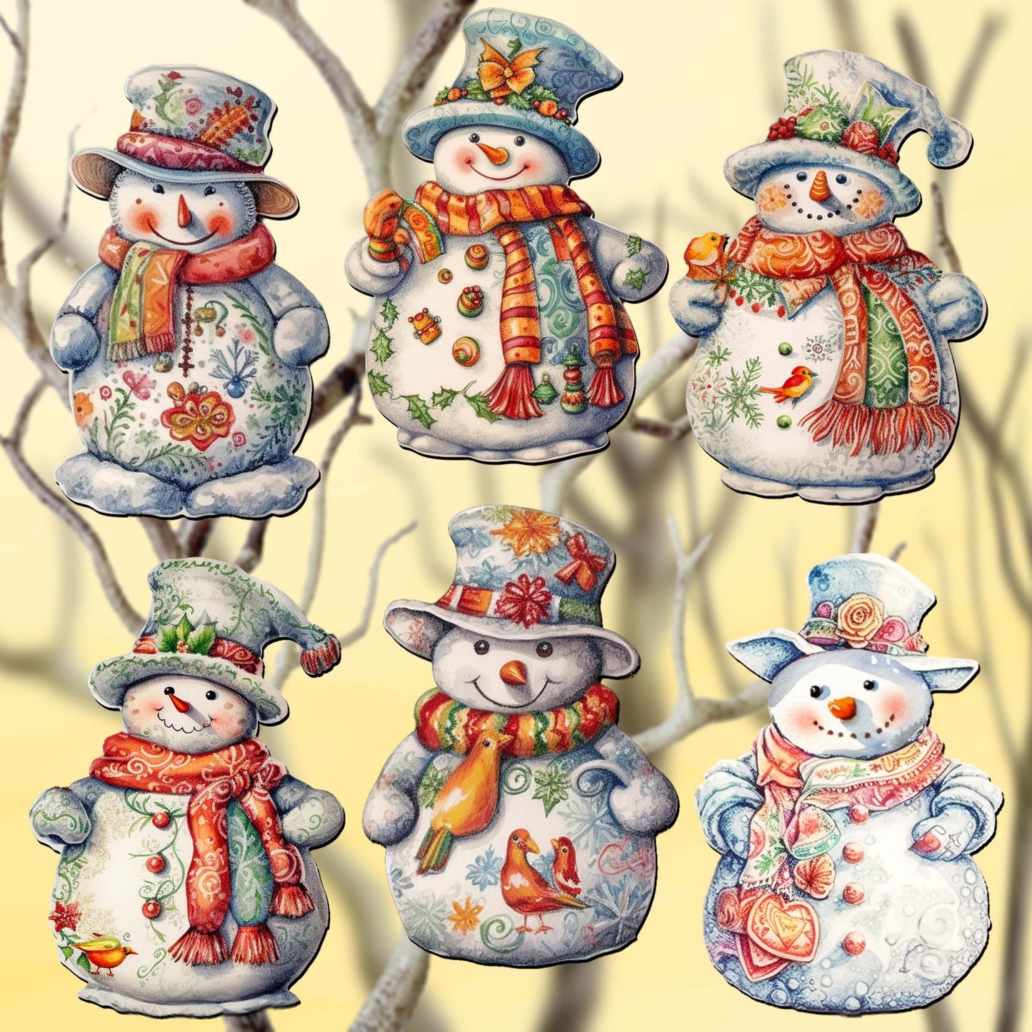 Snowman Decorative Wooden Clip-on Ornaments Set of 6 by G. Debrekht - Christmas Decor - 8090023C-S6
