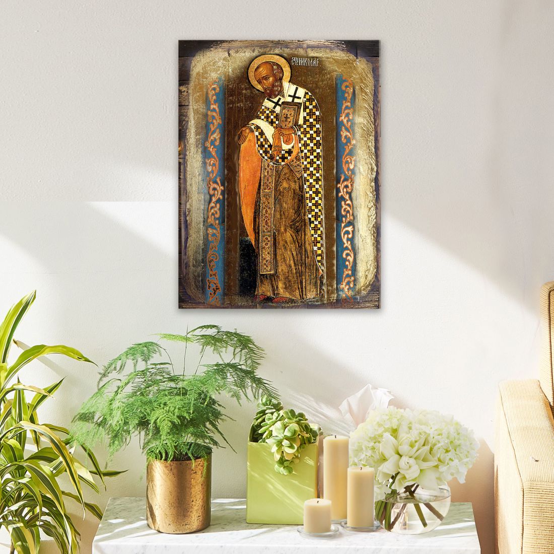 Saint Nicholas Wooden Gold Plated Religious Orthodox Sacred Icon - Inspirational Icon Decor - 85033