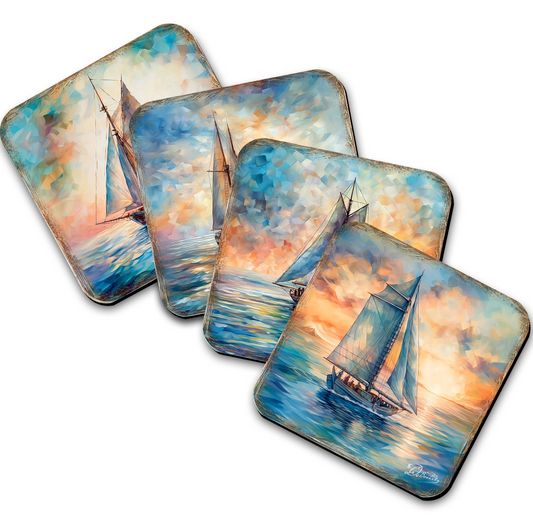 Sail Boats Wooden Cork Coasters Gift Set of 4 by G. Debrekht - Coastal Holiday Decor  - 8199450-2C-S4