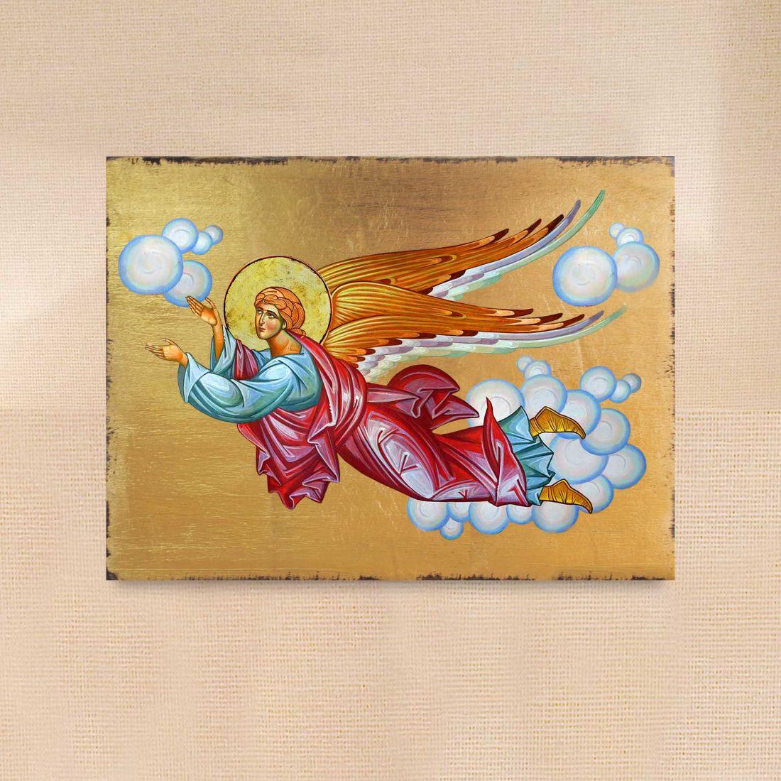 Flying Angel Wooden Gold Plated Religious Christian Sacred Icon - Inspirational Icon Decor - 85034