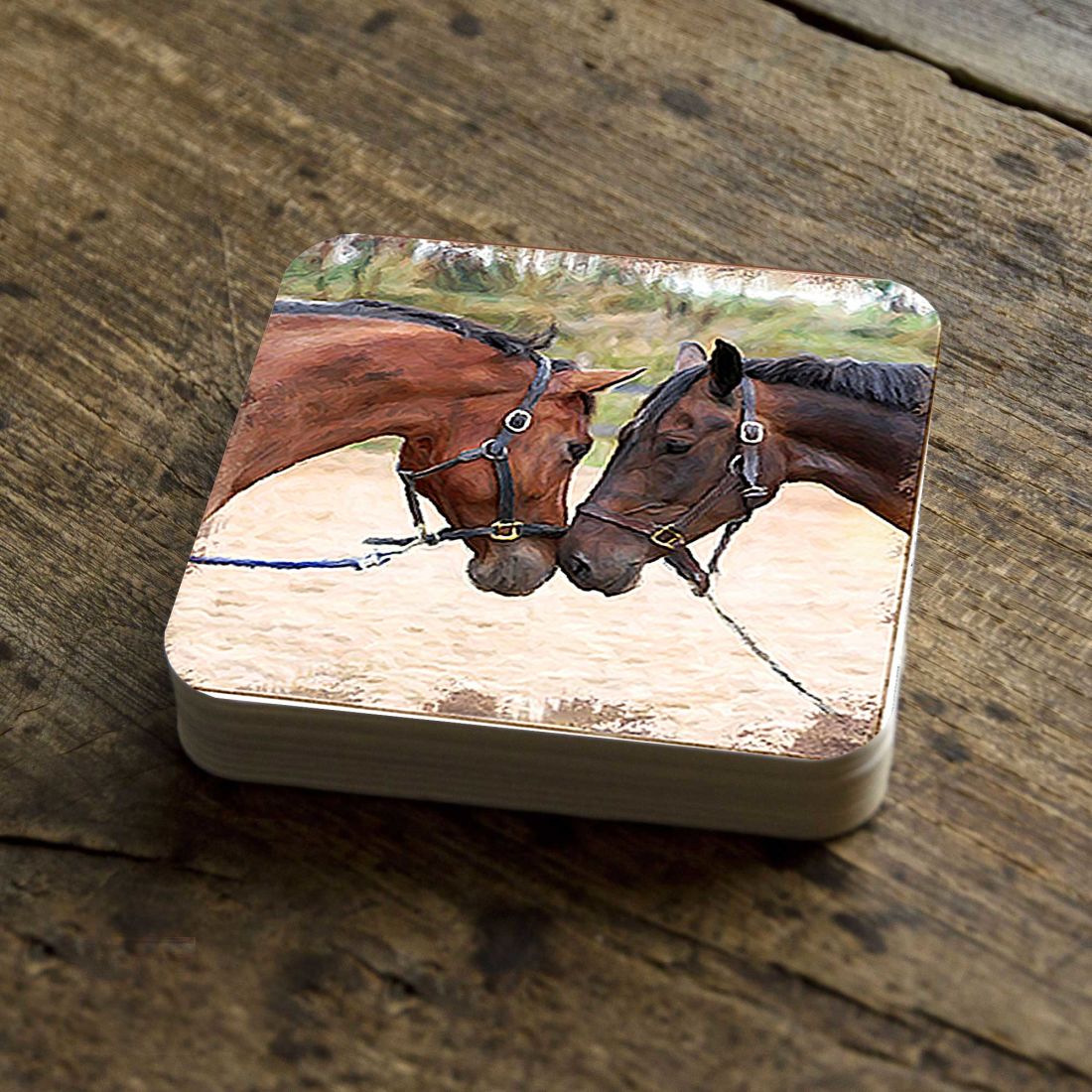 Horses Wooden Cork Coasters Gift Set of 4 by Nature Wonders - Nature Wildlife Decor  - 95370C-S4