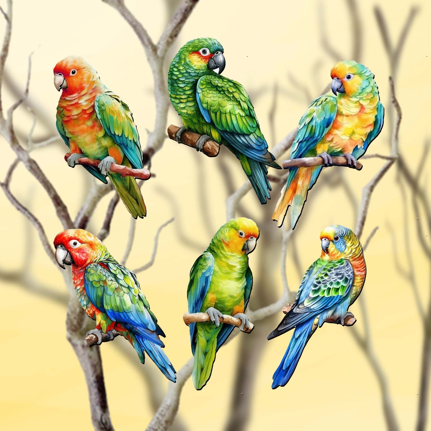 Parrots Decorative Wooden Clip-on Ornaments of 6 by G. Debrekht - Christmas Decor - 8090013C-S6