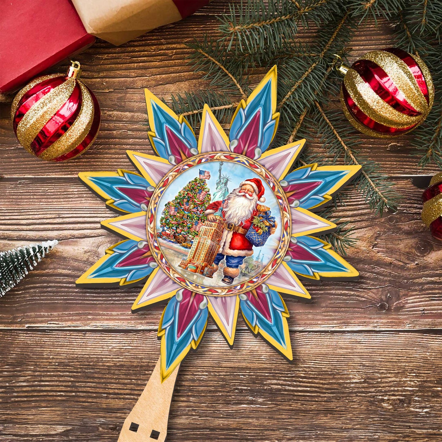 American-inspired Santa Tree Topper Wooden Decor by G. Debrekht  - Santa Snowman Decor - 89523