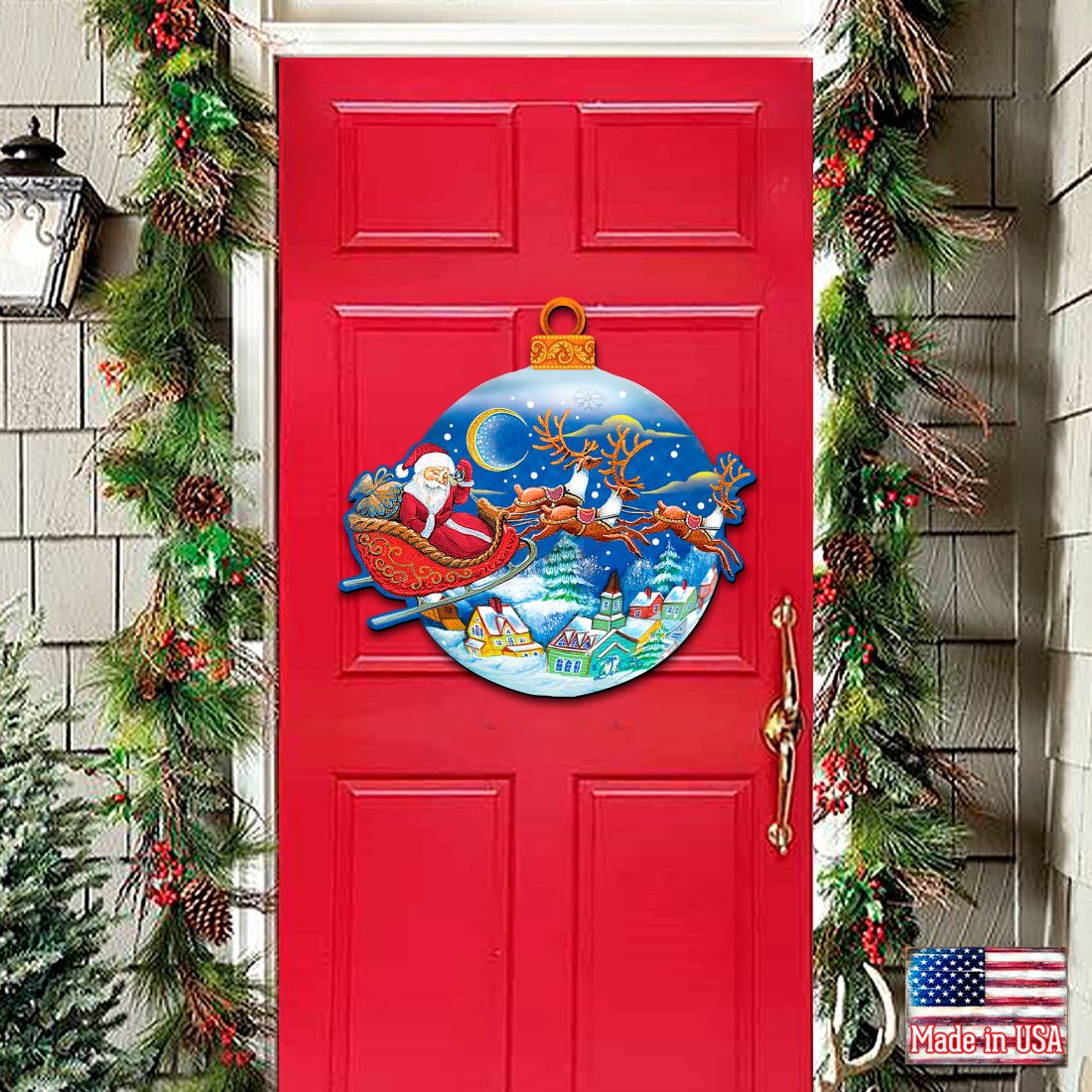 Up-Up and Away Santa Sleigh Ball Door Decor by G. DeBrekht - Christmas Santa Snowman Decor - 8112160H
