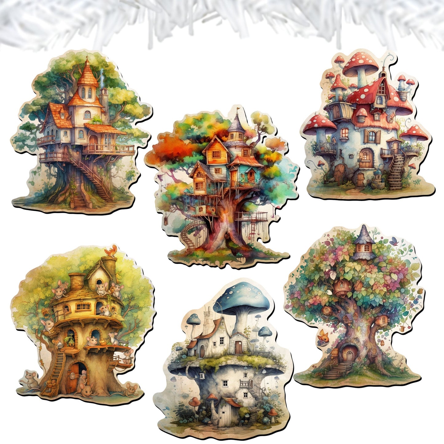 Tree House Decorative Wooden Clip-on Ornaments Set of 6 by G. Debrekht - Christmas Decor - 8090026C-S6