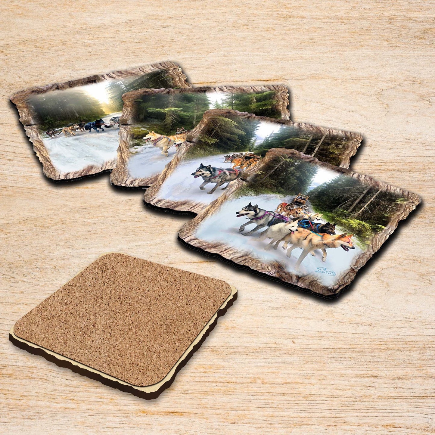 Husky Ride Wooden Cork Coasters Gift Set of 4 by Nature Wonders Nature Wildlife Decor  - 95401C-S4
