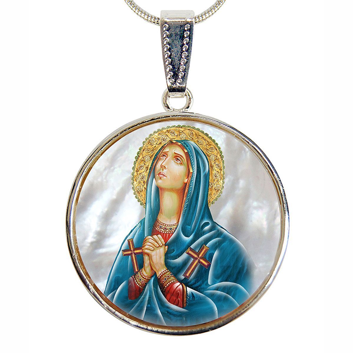Virgin Mary Praying Silver Plated Mother of Pearl Necklace - 43014