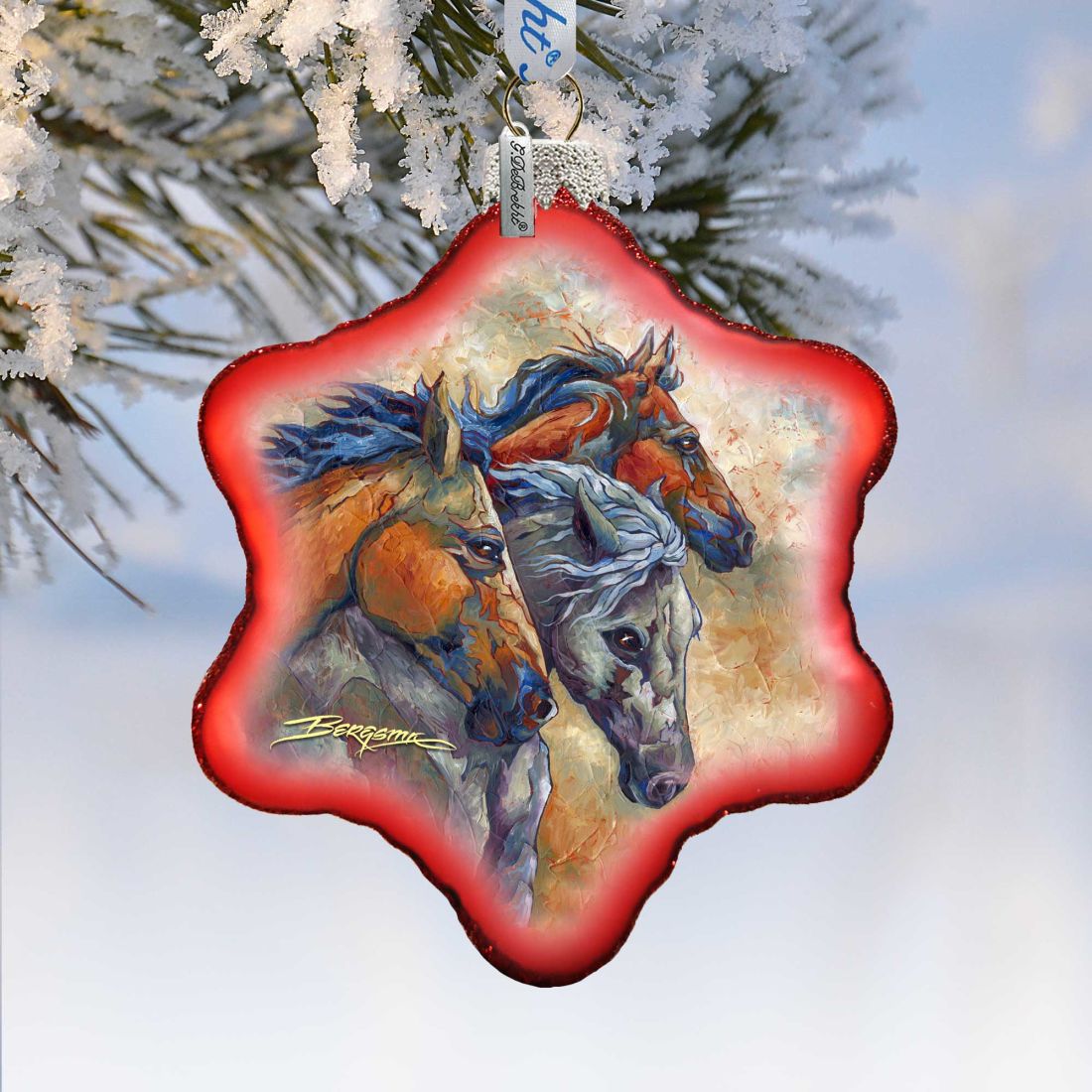 Let Them Run Horse Heads Glass Ornament by J. Bergsma - Wildlife Holiday Decor - 754-259-JB