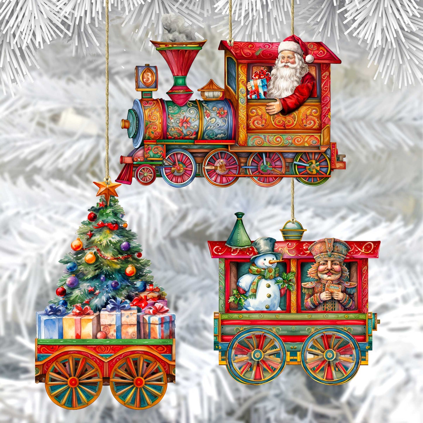Santa's Train Wooden Ornaments Set of 3 by G. Debrekht - Christmas Décor - 8100202S3