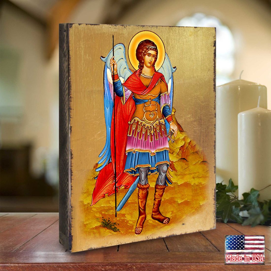 Saint Michael the Archangel Wooden Gold Plated Religious Christian Sacred Icon - Inspirational Icon Decor - 85022