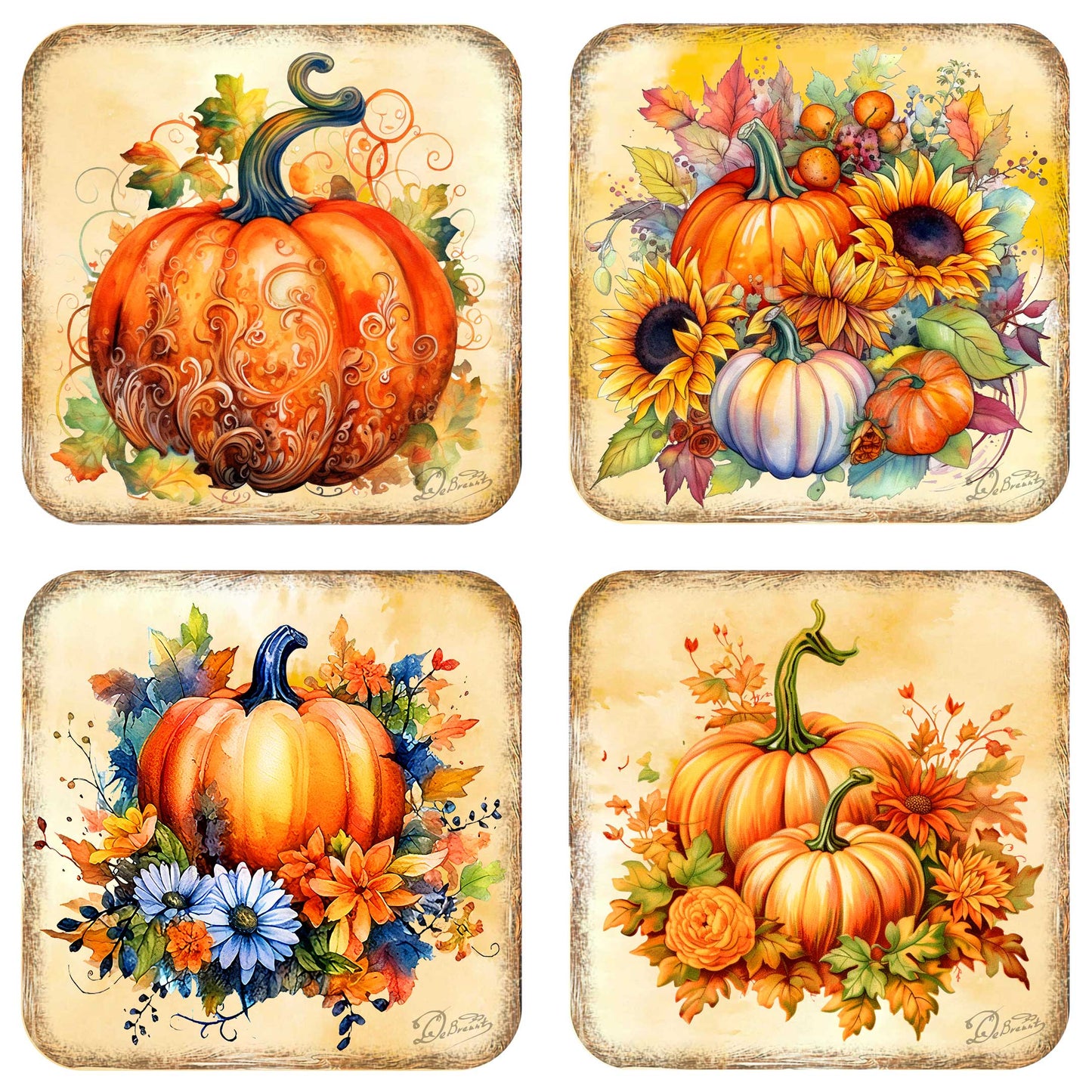 Pumpkin Wooden Cork Coasters Gift Set of 4 by G. Debrekht - Thanksgiving Decor  - 8199447C-S4