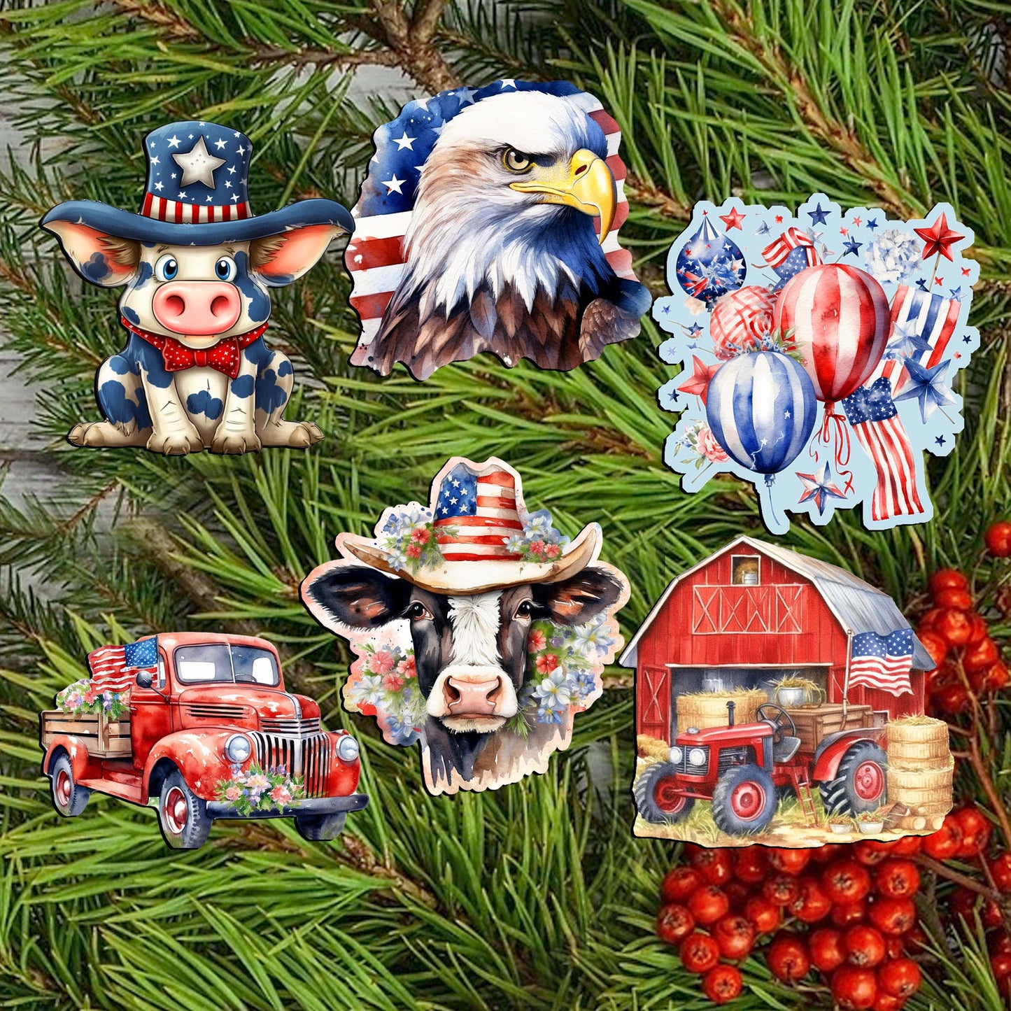 American flag Decorative Wooden Clip-on Ornaments of 6 by G. Debrekht - Patriotic Decor - 8090002C-S6