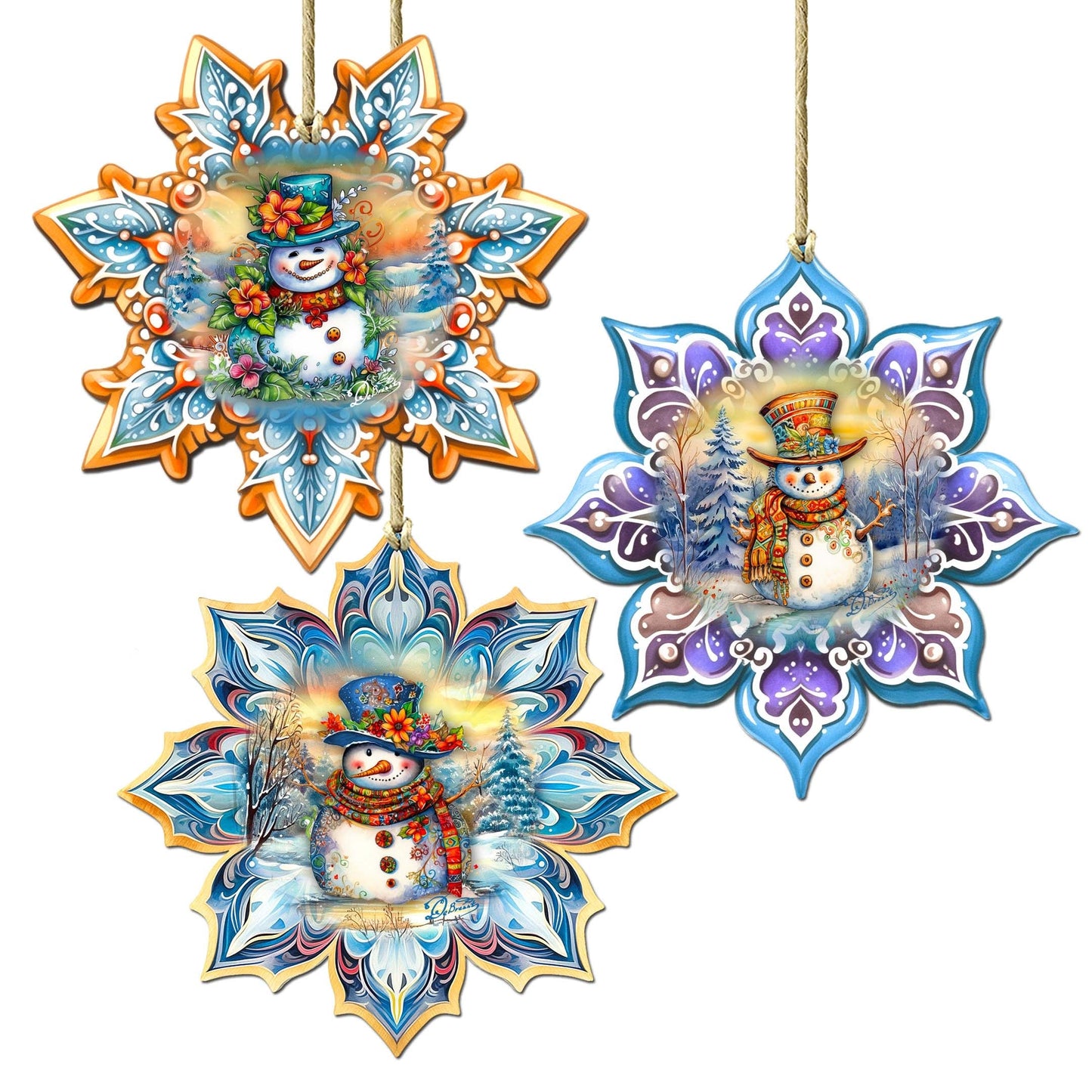 Happy Snowman Snowflake Wooden Ornaments Set of 3 by G. Debrekht - Christmas Decor - 8090149-S3