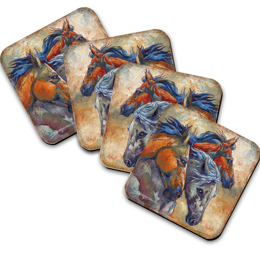 Herd of Horses Wooden Cork Coasters Gift Set of 4 by J. Bergsma - Wildlife Decor  - 8199458C-S4