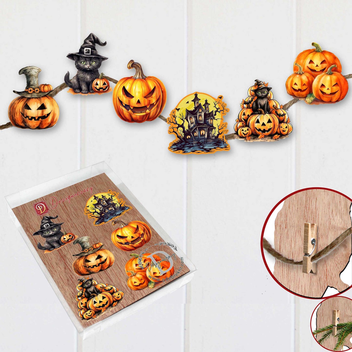 Spooky pumpkins Decorative Wooden Clip-on Ornaments of 6 by G. Debrekht - Halloween Decor - 8090019C-S6