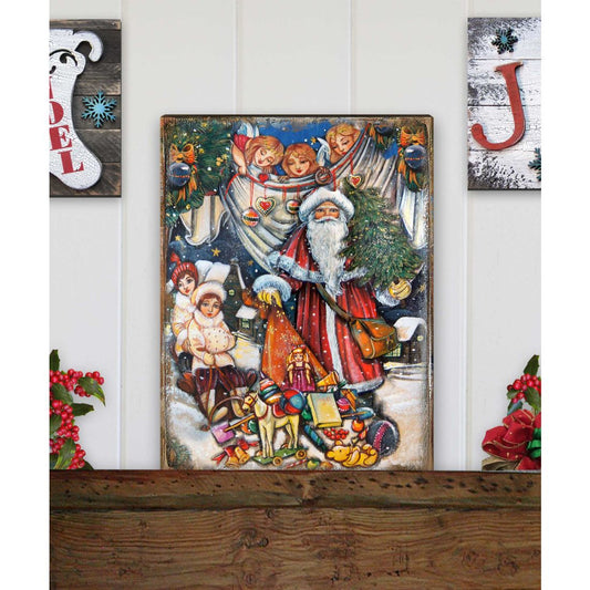 Vintage Gift Giver Santa Wooden Wall Art by G. DeBrekht - Christmas Santa Snowman Decor - 81291830B