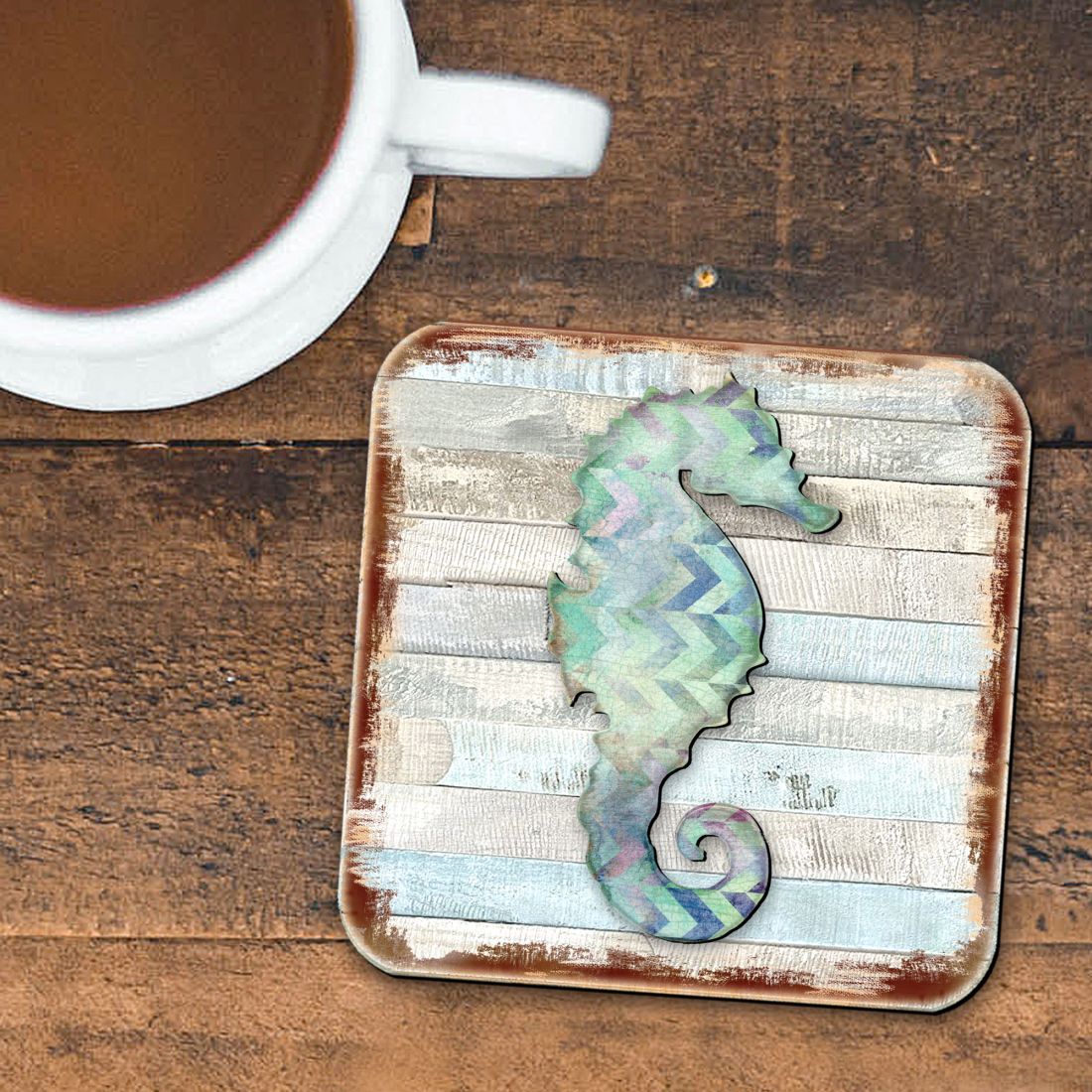 Seahorse Coastal Wooden Cork Coasters Gift Set of 4 by Nature Wonders - Coastal Sea-Life Decor - 8198517-2-9C-S4