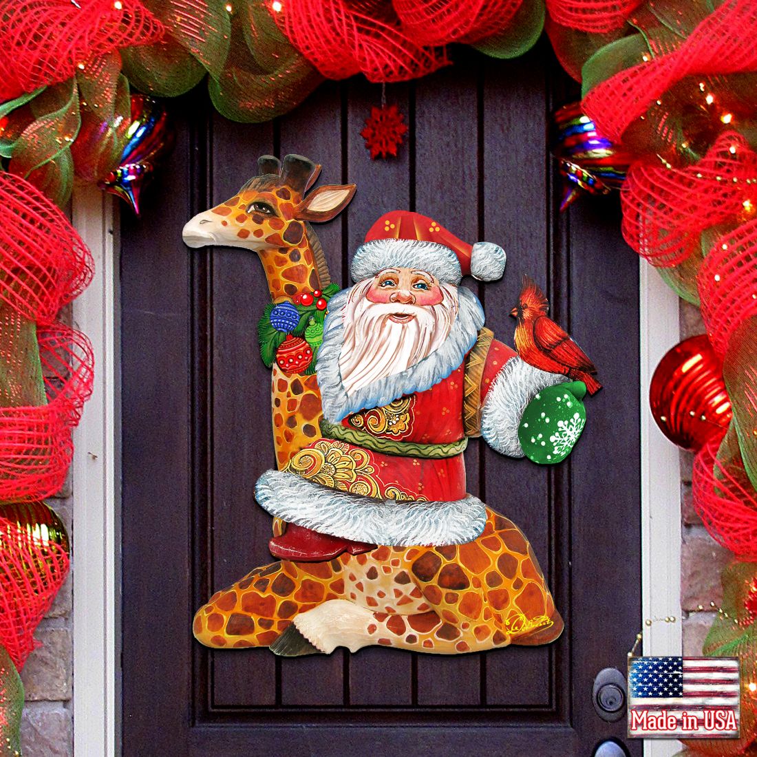 Santa On Giraffe Christmas Door Decor by G. DeBrekht - Christmas Santa Snowman Decor - 8111360H