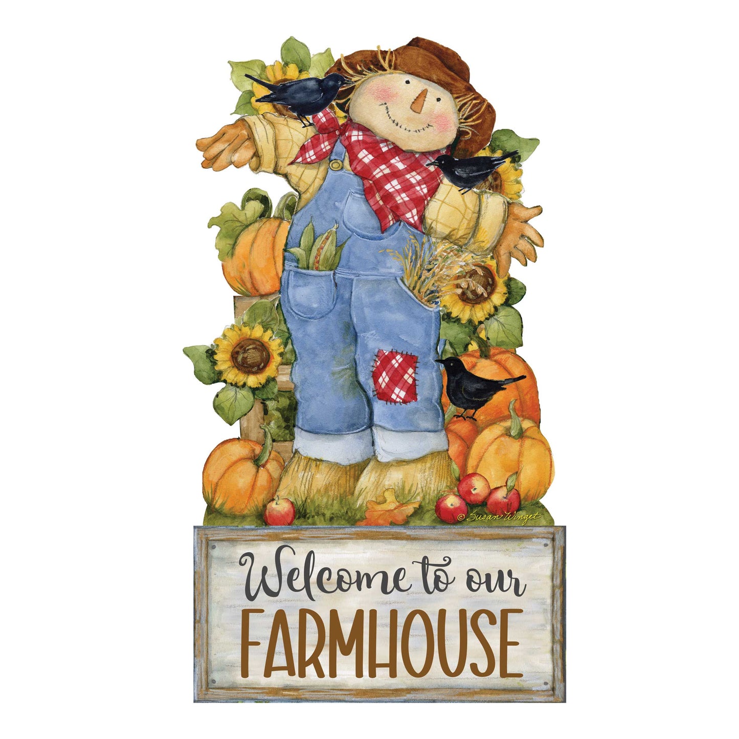 Farmhouse Door Hanger Fall Decoration Harvest Scarecrow Welcome Sign - Handmade Gift Autumn Adornment by Susan Winget - 8471211-2H-SW