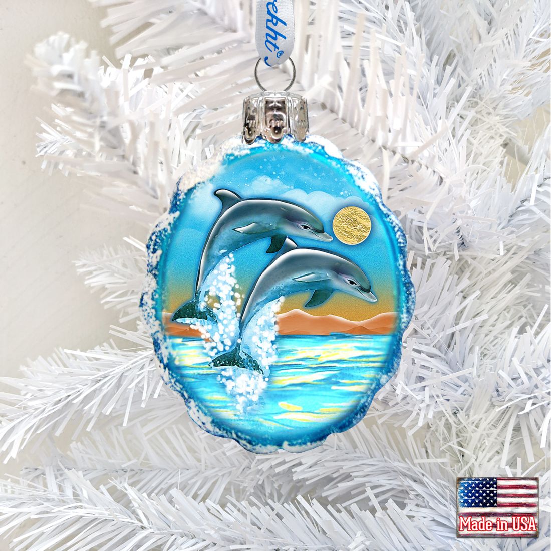 Flower Dolphins Mercury Glass Ornament by G. DeBrekht - Coastal Holiday Decor - 777373
