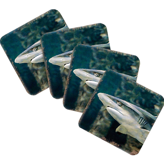 Shark Coastal Wooden Cork Coasters Gift Set of 4 by Nature Wonders - Coastal Sea-Life Decor - 95324C-S4