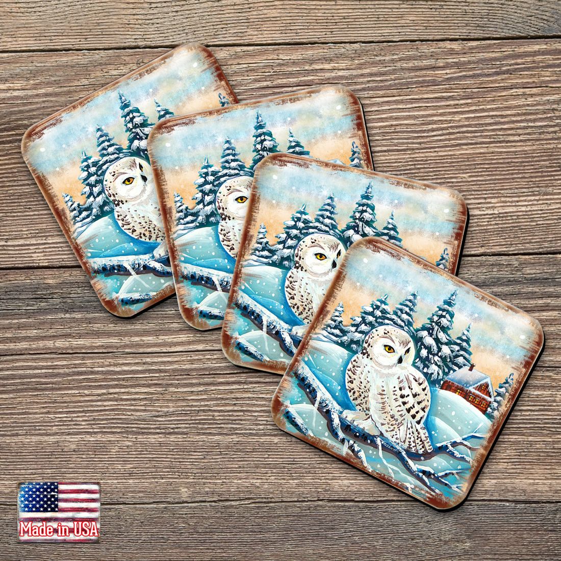 Owl Wooden Cork Coasters Gift Set of 4 by Nature Wonders - Nature Wildlife Decor  - 95213C-S4