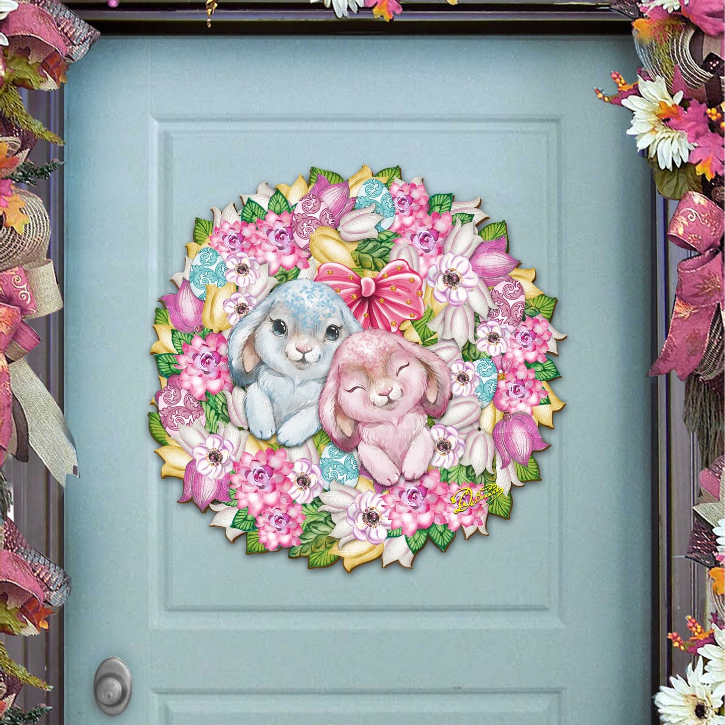 Bunny Love Wreath Door Hanger Wall Art by G. DeBrekht - Easter Spring Decor - 8185301-4H