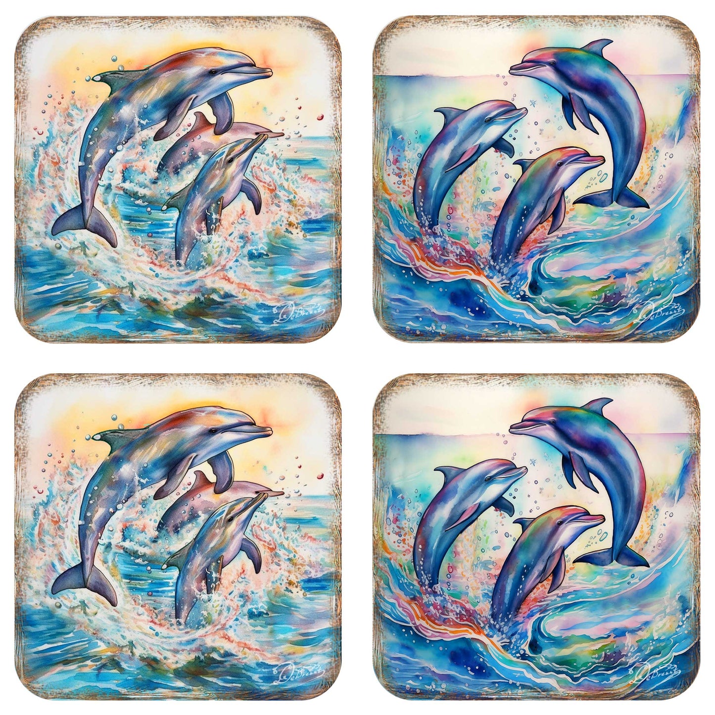 Dolphins Wooden Cork Coasters Gift Set of 4 by G. Debrekht - Coastal Holiday Decor  - 8199450-3C-S4