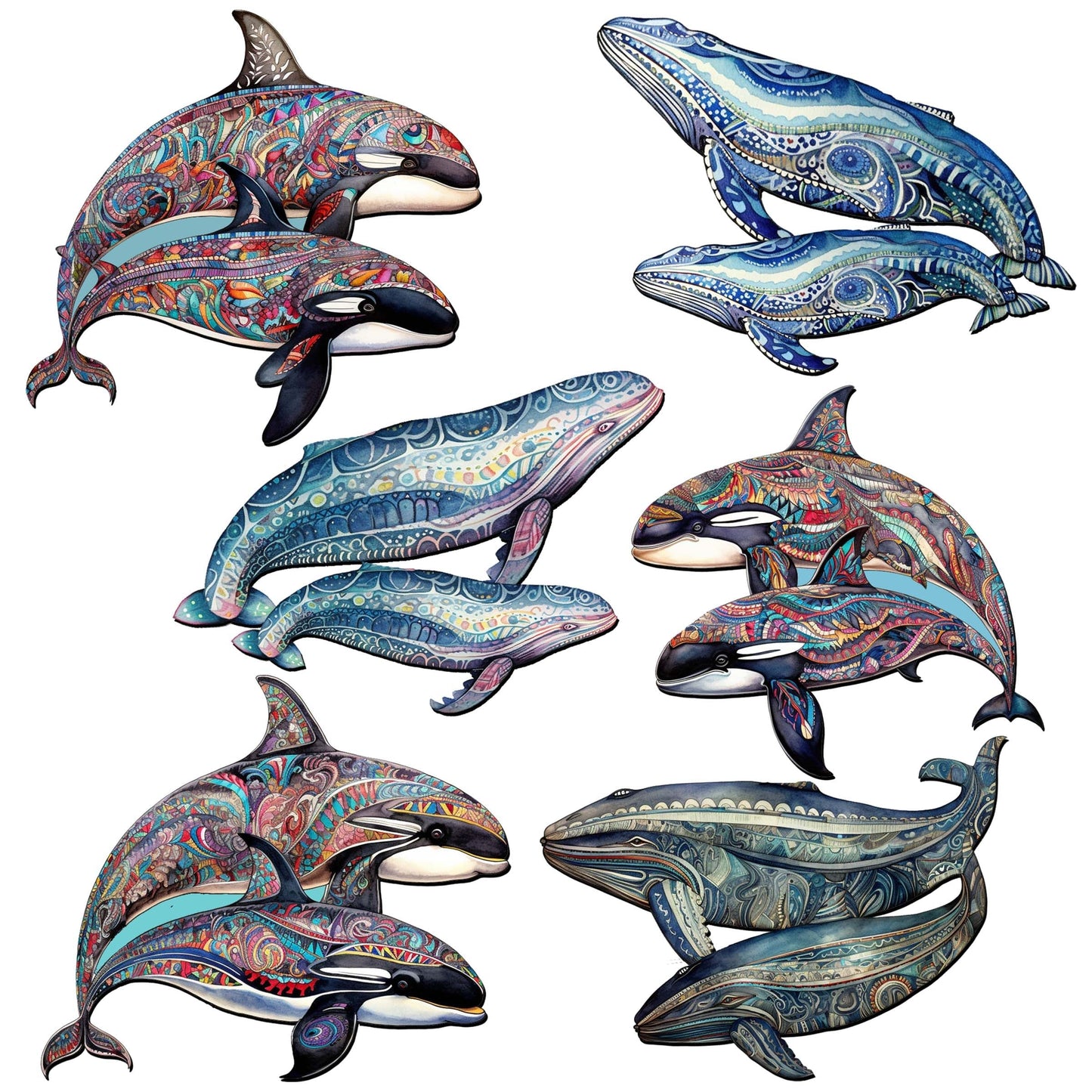 Embracing Whales Decorative Wooden Magnets Set of 6 by G. Debrekht - Wildlife Coastal Decor - 8090107G-S6