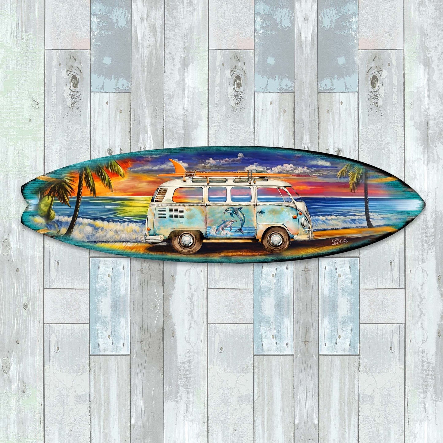 Surf Van at the Beach Surfboard Coastal Wall Art by G. DeBrekht - Coastal Holiday Decor - 8490120HS