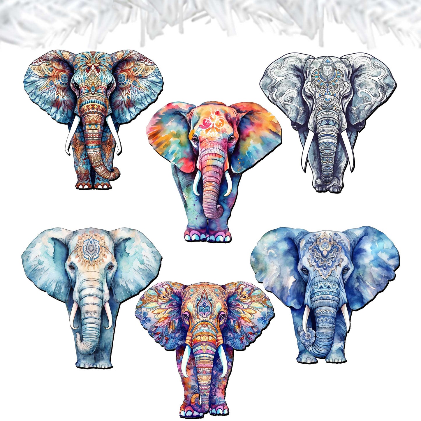 Elephants Decorative Wooden Clip-on Ornaments Set of 6 by G. Debrekht - Christmas Decor - 8090036C-S6