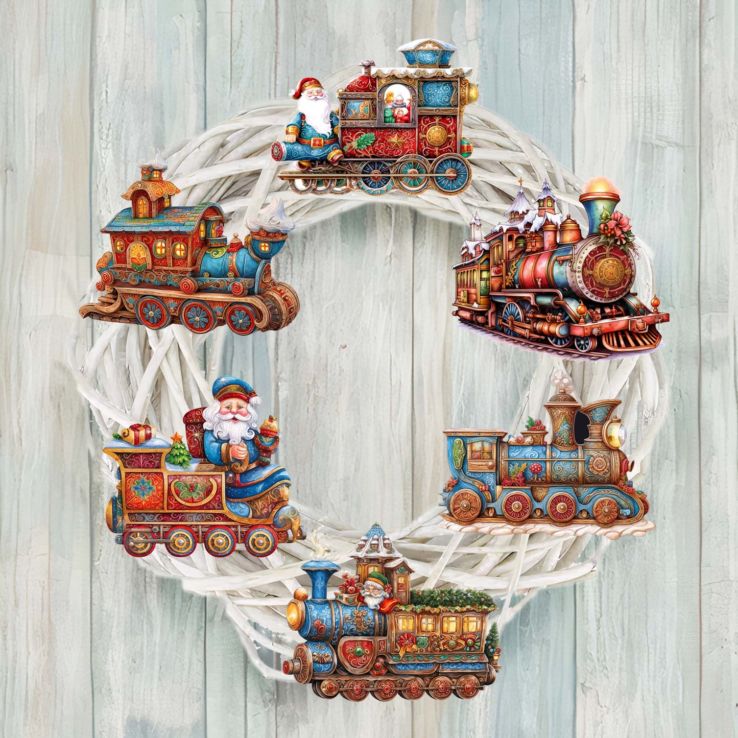 Santa Christmas Train Decorative Wooden Clip-on Ornaments Set of 6 by G. Debrekht - Christmas Decor - 8090123C-S6