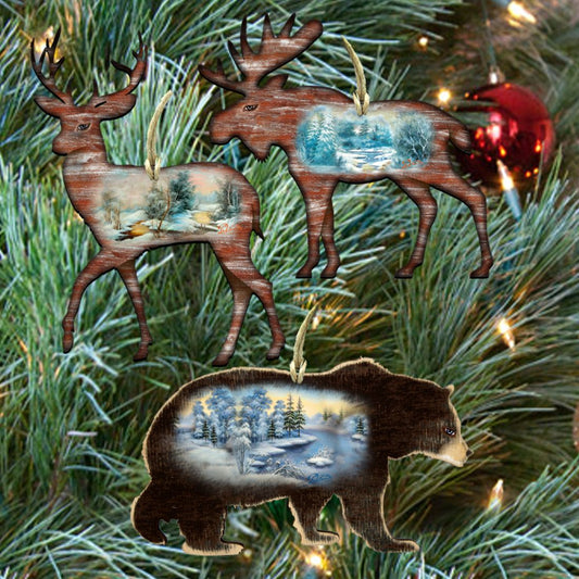 Wilderness Wooden Ornaments Set of 3 by G. DeBrekht - Wildlife Holiday Decor - 8100042S3